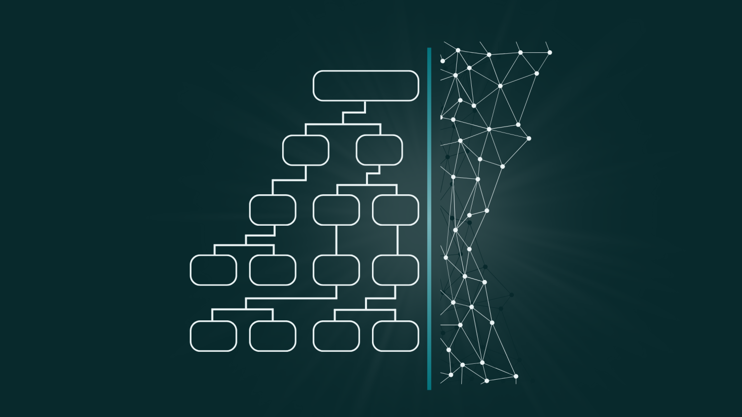 Graphic showing a tree-like hierarchical structure on the left and a web-like ontological structure on the right.